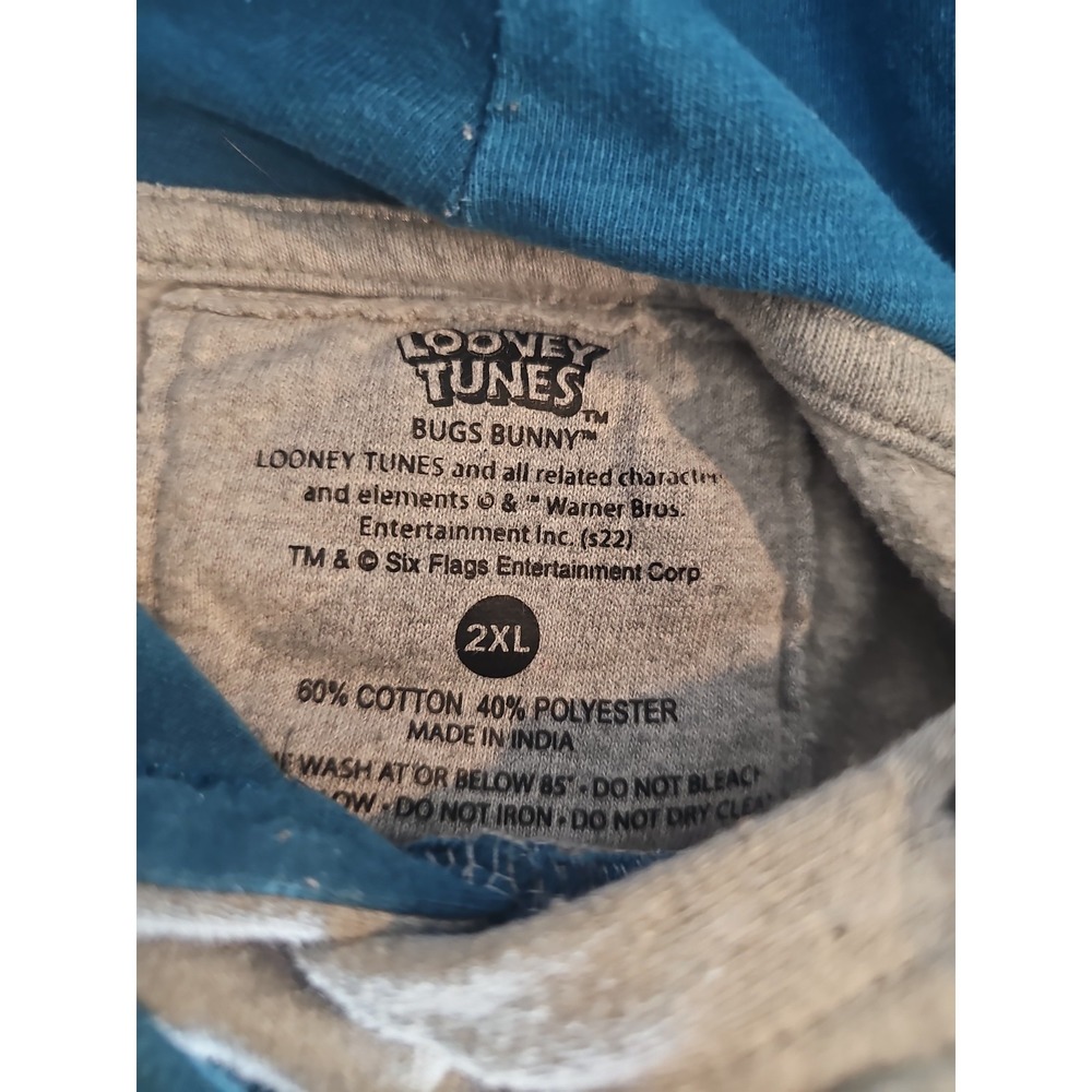 Looney Tunes Bugs‎ Bunny Six Flags Hoodie Womens 2XL Gray Graphic Pullover - Picture 2 of 5